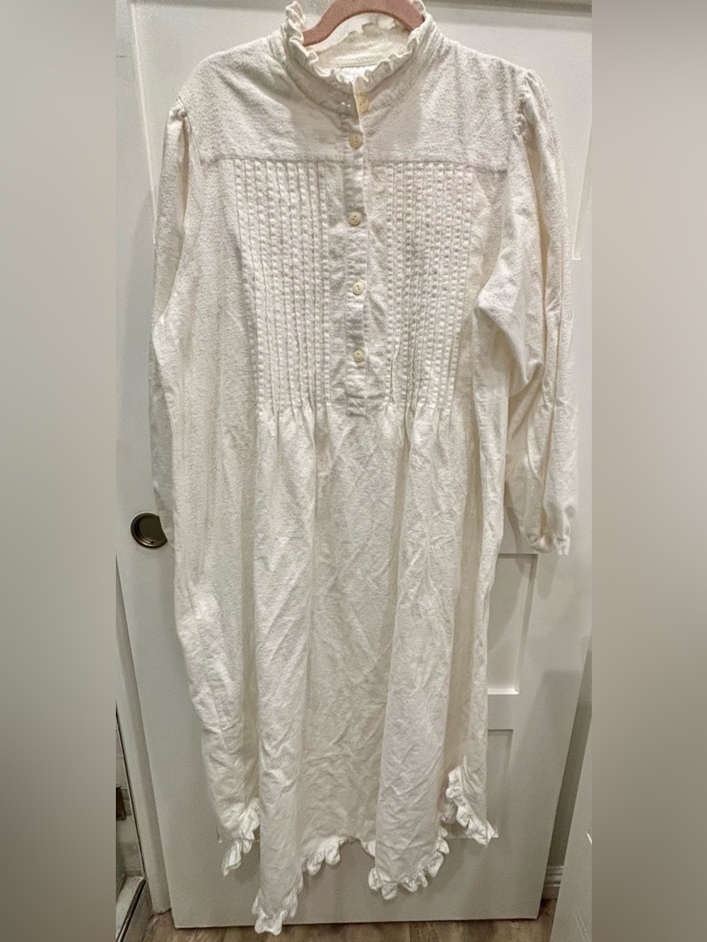 Adonna Cream Long Button-Front 100% Cotton Flannel Nightgown with Pintuck Detail